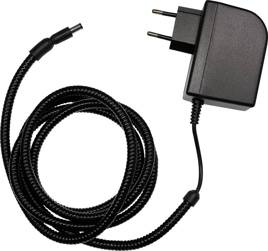 Adaptateur d'alimentation noir avec cordon enroulé et connecteur à fiche cylindrique sur fond blanc.