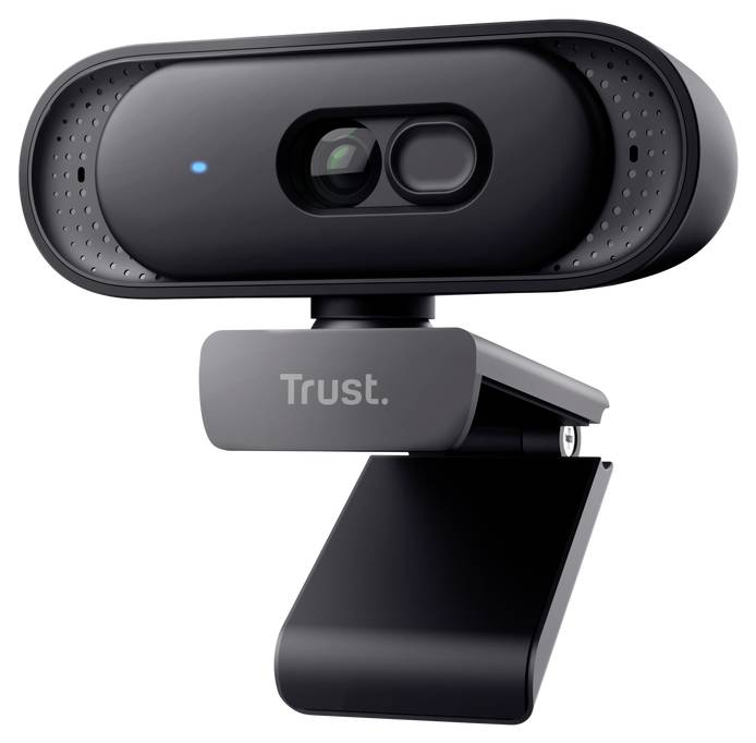 Webcam Black Trust avec cache de confidentialité intégré et voyant lumineux bleu, montré fixé sur un clip sur fond blanc.