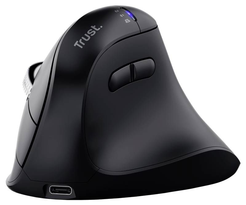 Black ergonomic Trust vertical wireless mouse with scroll wheel, two buttons, and USB-C charging port