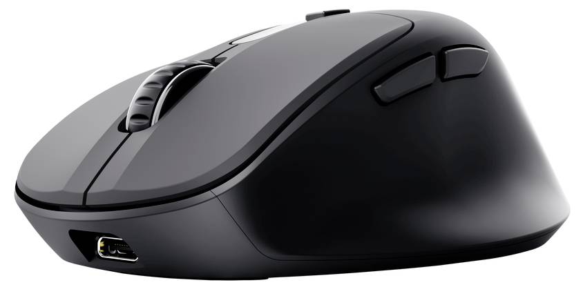 Schwarze kabellose Computermaus mit Scrollrad, Seitentasten und USB-C-Ladeanschluss auf weißem Hintergrund