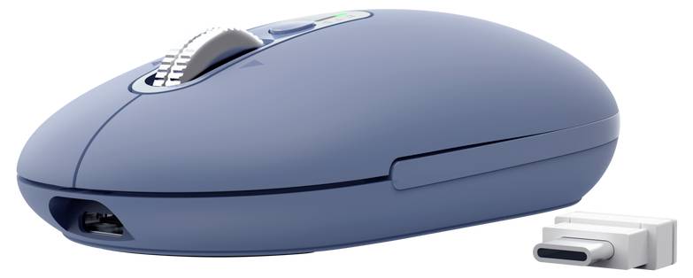 Blue wireless computer mouse with USB-C receiver shown beside it on a white background