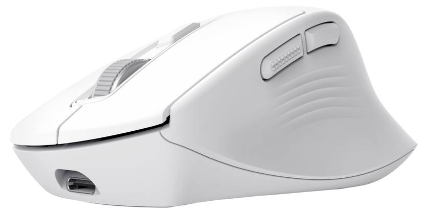 Weiße ergonomische kabellose Computermaus mit Scrollrad, Seitentasten und Ladeanschluss, in der Profilansicht auf neutralem Hintergrund dargestellt