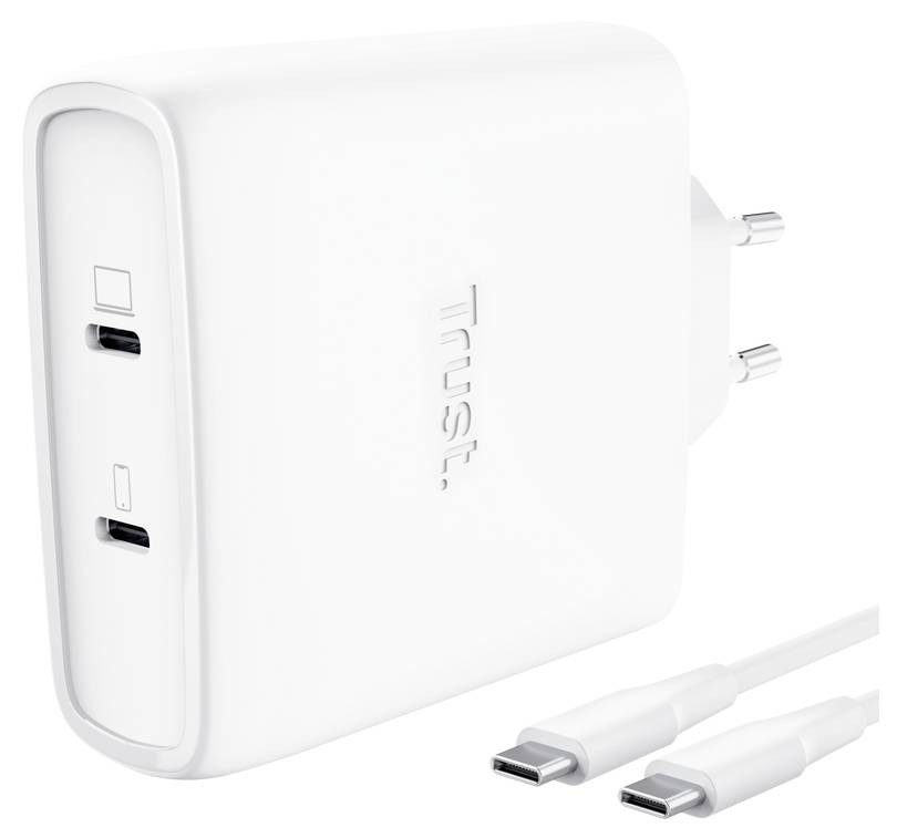 Chargeur mural White Trust avec deux ports USB-C et deux câbles USB-C sur fond blanc.
