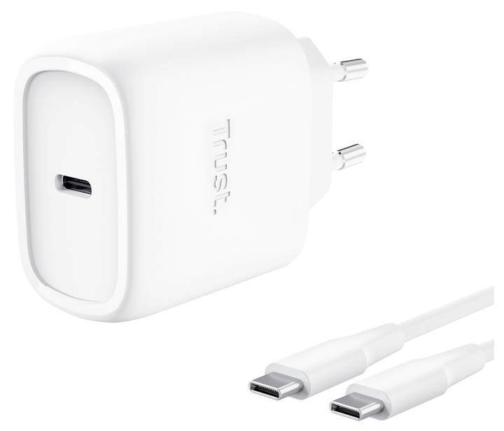 Chargeur mural USB-C blanc avec prise européenne deux broches et deux câbles USB-C affichés à côté sur un fond blanc.