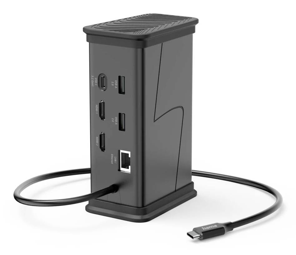 Schwarzer Multiport-Ladehub mit mehreren USB-Anschlüssen und einer Ethernet-Buchse, dargestellt mit angeschlossenen Kabeln auf weißem Hintergrund.