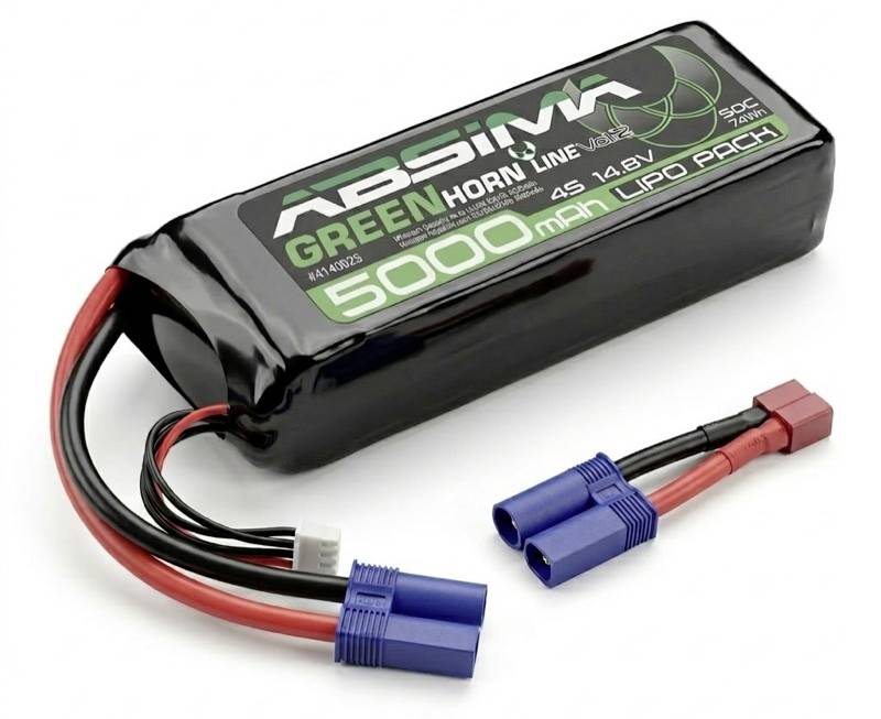 Batterie LiPo noire 5000mAh 4S 14.8V avec connecteurs et étiquette « ABSIMAX Green Horn » sur fond blanc.