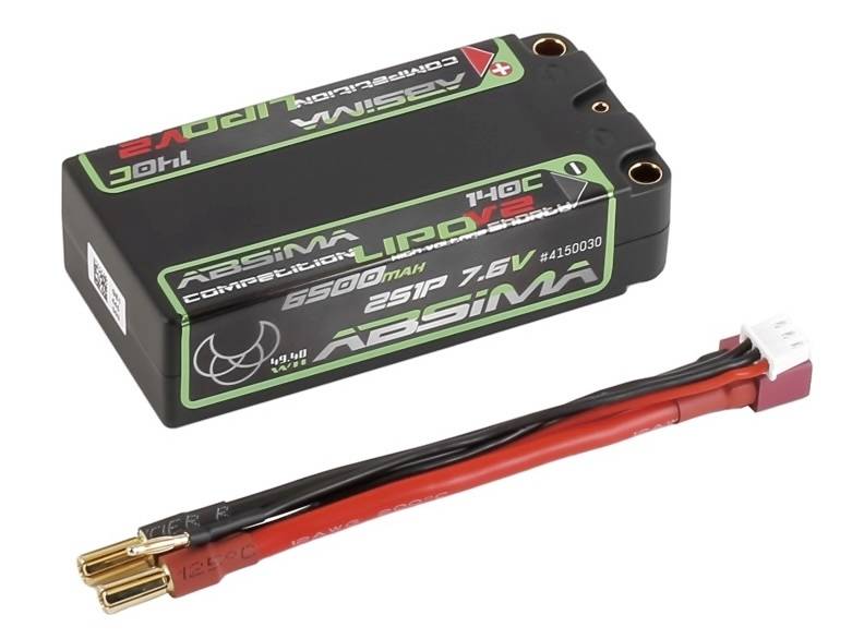 Batterie LiPo 1400 mAh 7,6V de couleur noire avec câble de connecteur rouge et noir et connecteurs à balles dorés.