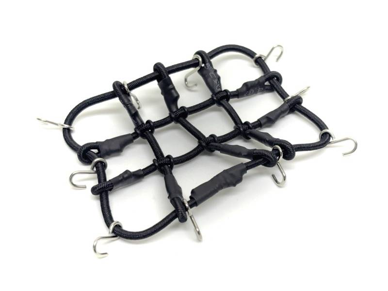 Filet de rangement élastique noir avec six crochets métalliques, utilisé pour sécuriser des articles sur un véhicule ou un porte-bagages.
