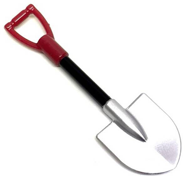 Une petite bêche de jardinage avec un manche en D rouge, une hampe noire et une lame en métal argenté sur un fond blanc.
