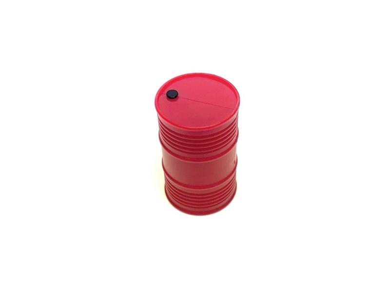 Tambour cylindrique rouge en plastique avec un capuchon noir sur fond blanc.