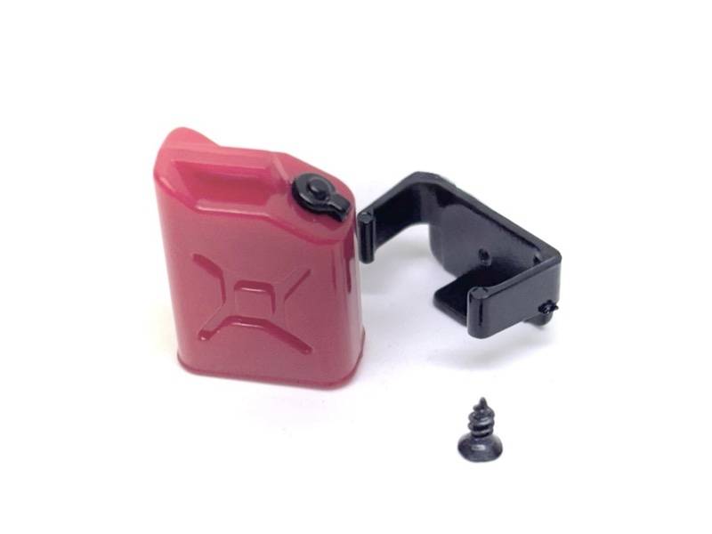 Conteneur de carburant rouge avec support de montage noir et petite vis sur fond blanc.