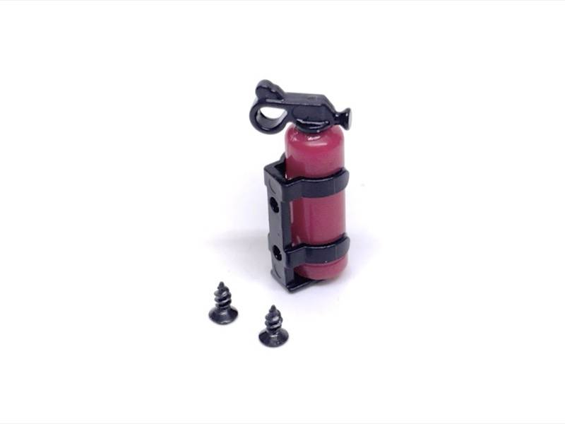 Petit extincteur d'incendie rouge avec support noir et deux petites vis de montage sur fond blanc.