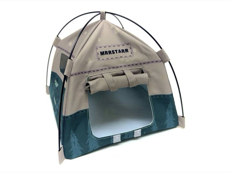 Petit abri ou transporteur pour animaux de compagnie beige et bleu-vert avec une ouverture frontale, étiqueté « MRRSTARR », présenté sur fond blanc.
