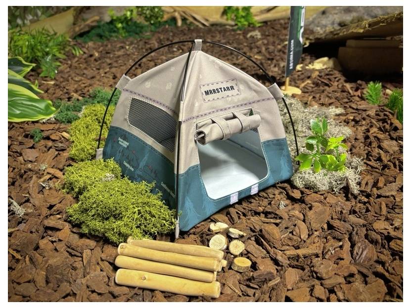 Petite tente de compagnie portable marquée « MIRASTAR » sur du paillis, avec un avant ouvert, des côtés en maille et un petit lit à l'intérieur.