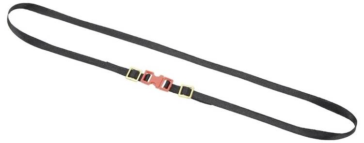 Sangle noire ajustable avec deux boucles rouges et deux boucles dorées sur un fond blanc.