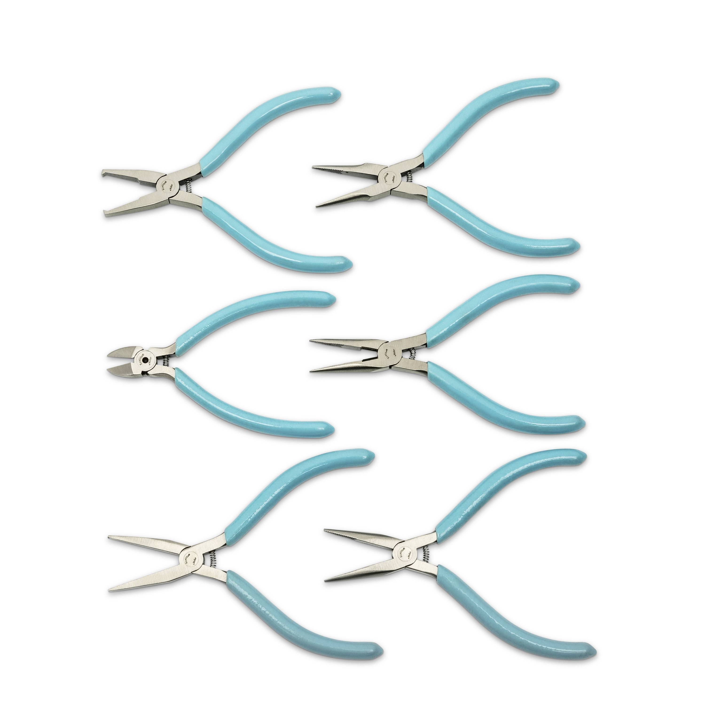 Six pinces et coupe-fils aux poignées turquoise disposés dans une grille de 2 par 3 sur un fond blanc.
