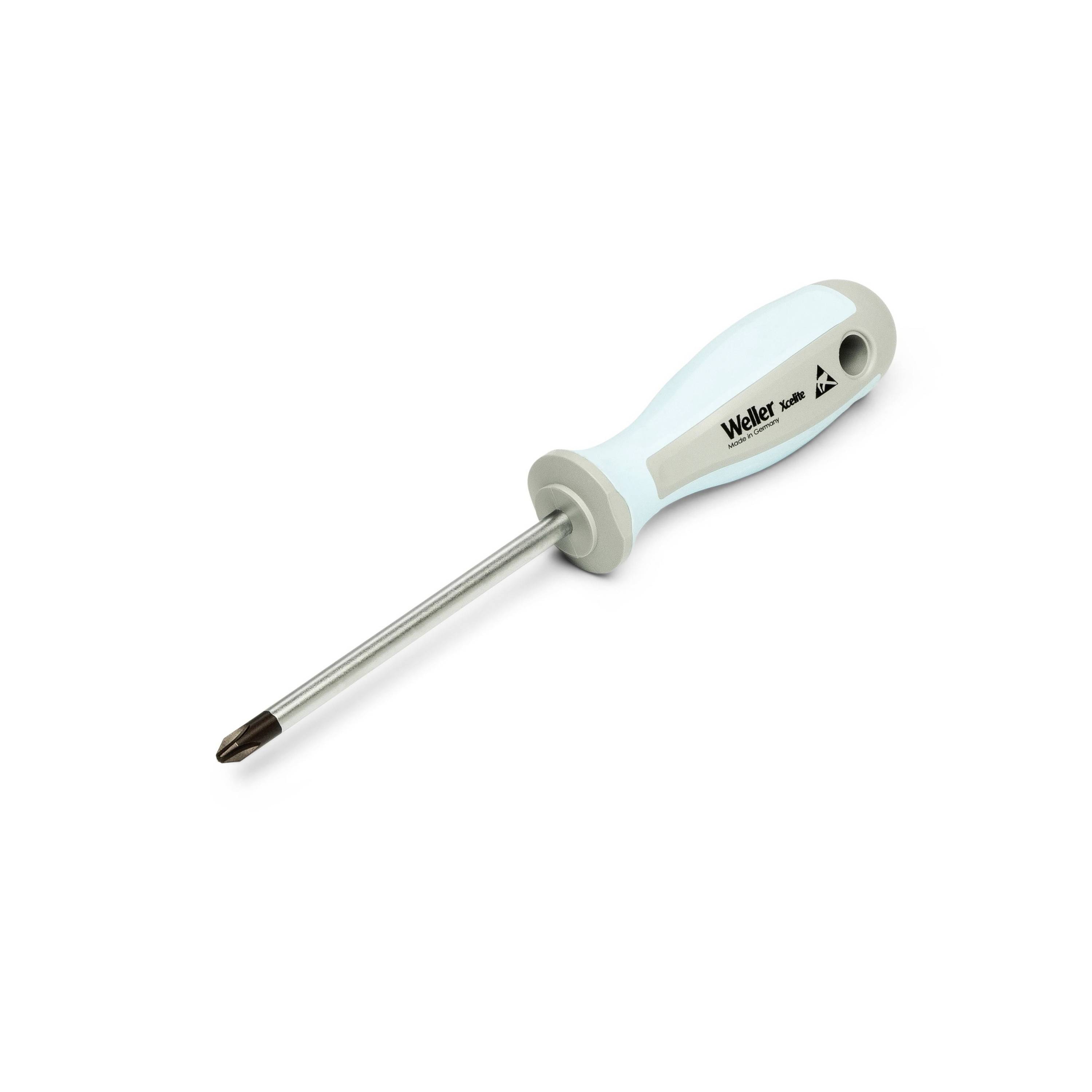 Tournevis Phillips bleu clair et gris avec un axe métallique et une pointe noire sur fond blanc.