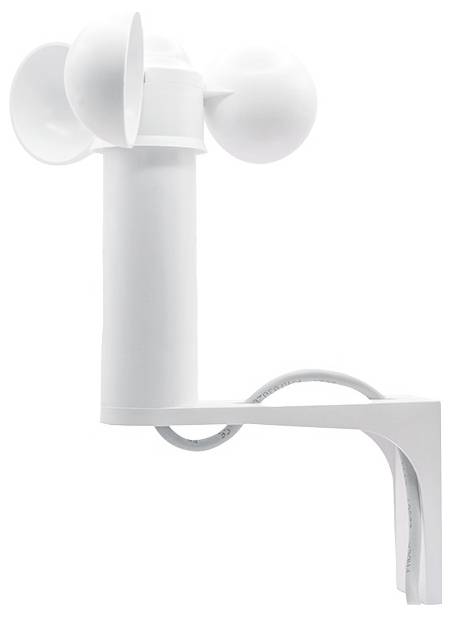 Weißes Schalenkreuz-Anemometer mit drei Bechern, montiert auf einer vertikalen und horizontalen Halterung, zur Messung der Windgeschwindigkeit auf weißem Hintergrund.