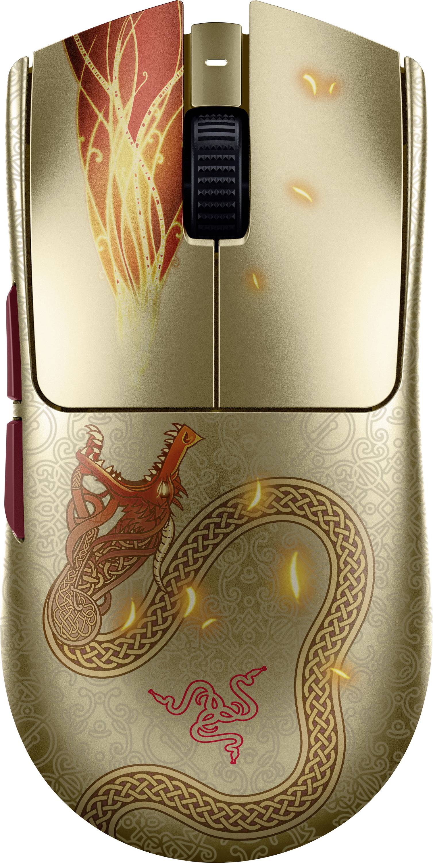 Souris de jeu décorative en or avec artwork de dragon rouge et accents brillants de braises incandescentes sur le corps.