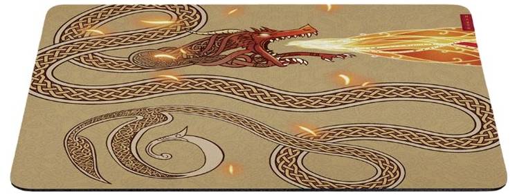 Illustrated fantasy dragon on a beige surface, breathing fire to the right, with intricate Celtic-style knotwork forming its body and tail.