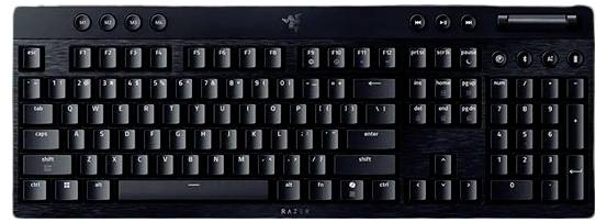 Clavier d'ordinateur Razer noir avec pavé numérique et commandes multimédias, présenté de face sur un fond clair.
