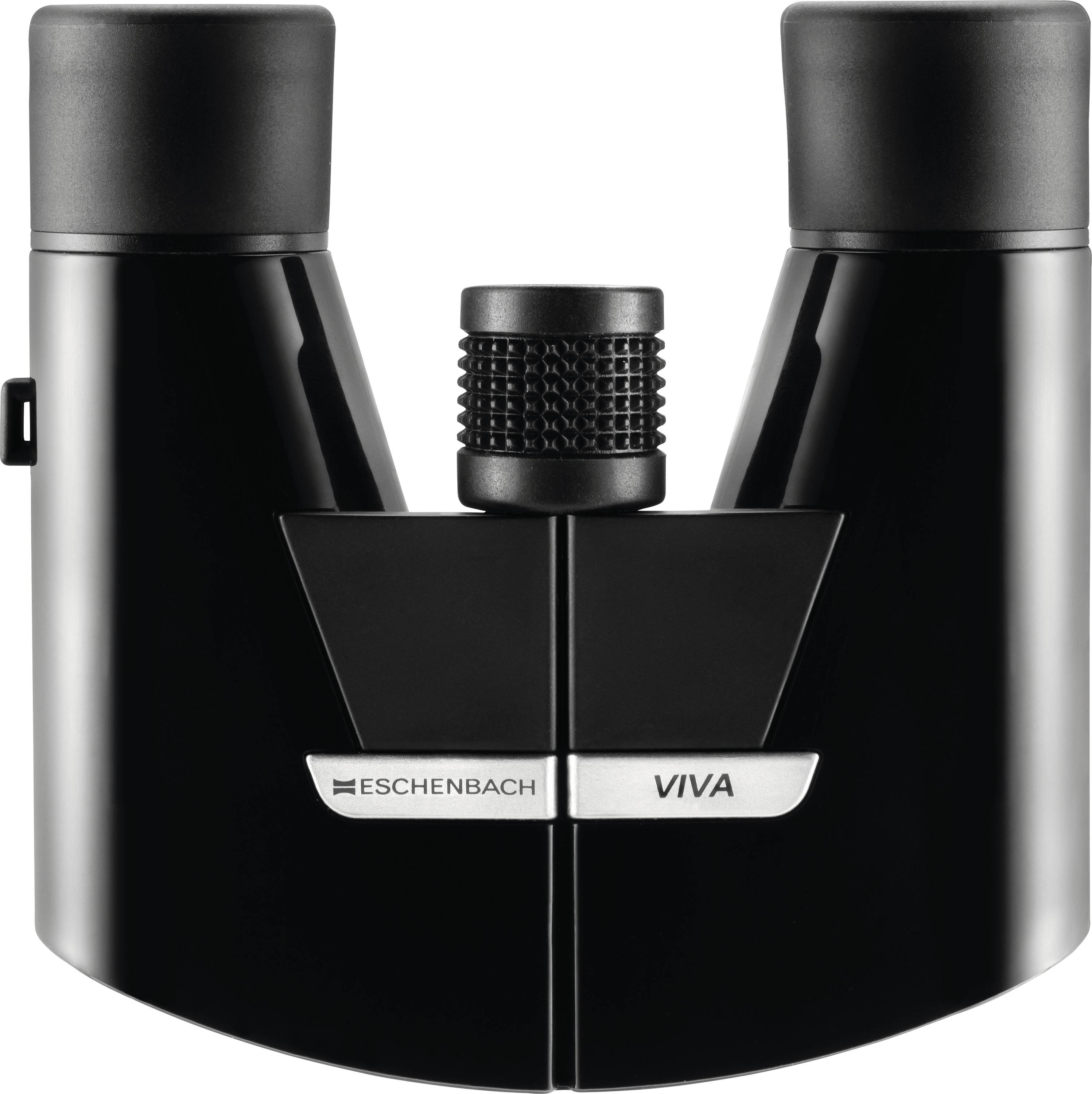 Binoculaires noirs compacts étiquetés « ESCHENBACH VIVA » avec une molette de mise au point texturée centrale, présentés en vue de face sur un fond blanc.