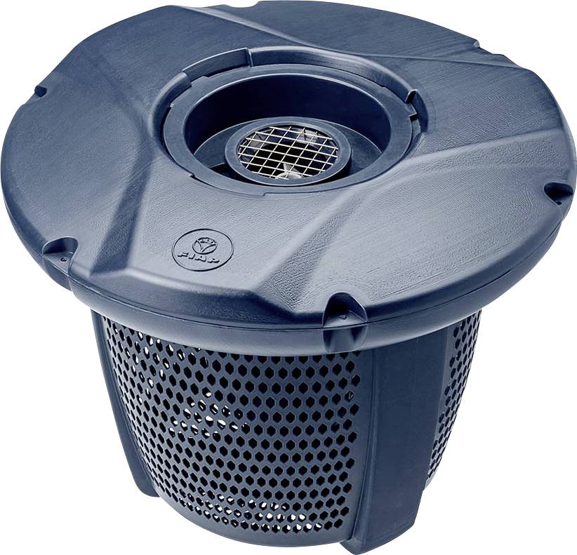 Panier écumoire rond en plastique bleu avec côtés perforés et une grille centrale, utilisé pour collecter les débris d'une piscine ou d'un étang.