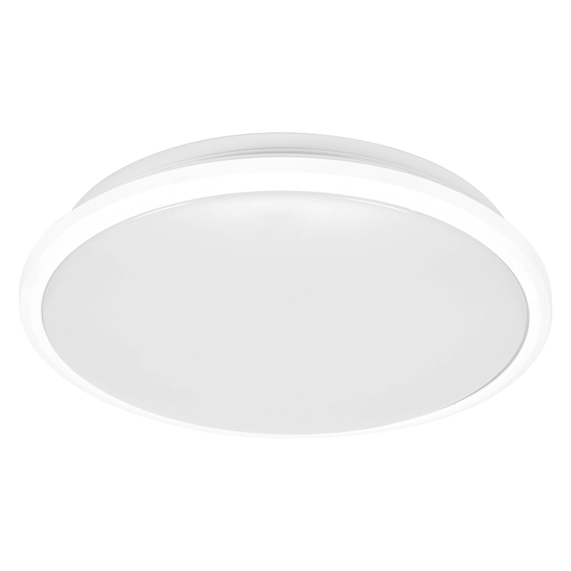 Round white ceiling light fixture with a smooth oval diffuser and thin raised rim on a white background