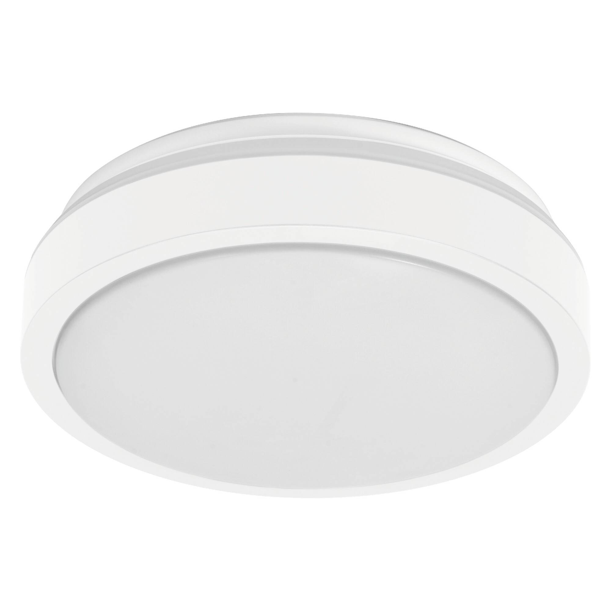 Luminaire de plafond blanc rond encastré sur un fond uni.