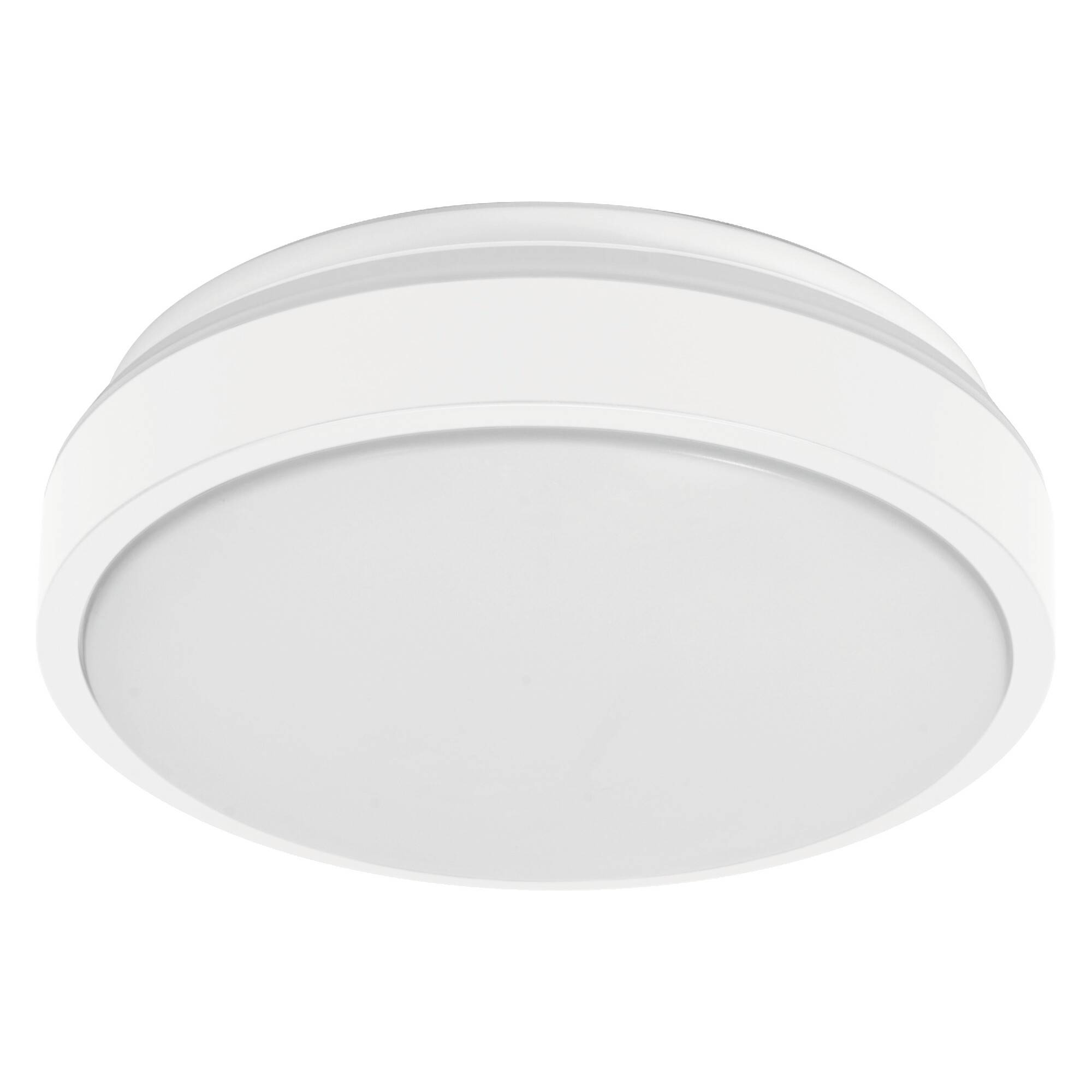 Round white ceiling light fixture with a smooth dome-shaped cover and subtle gray trim on a white background