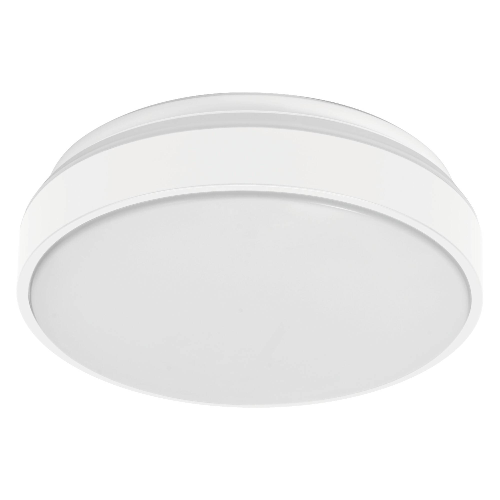 Round white flush-mount ceiling light fixture with a smooth opaque diffuser on a white background.