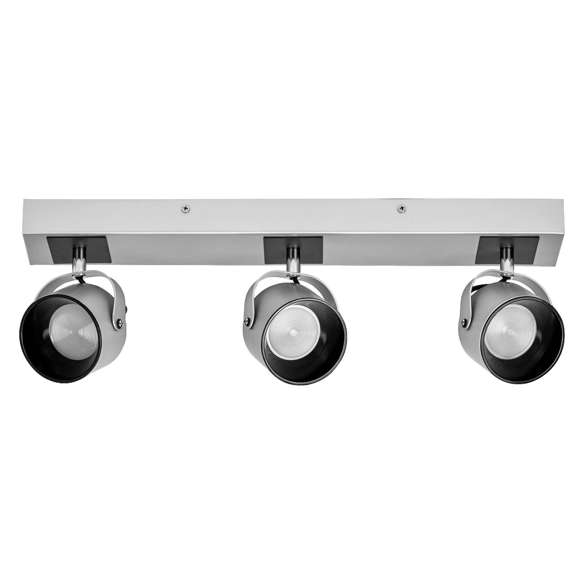 Luminaire de projecteur ajustable à trois ampoules avec une base rectangulaire en métal brossé et des têtes de lampe noires sur un fond blanc.
