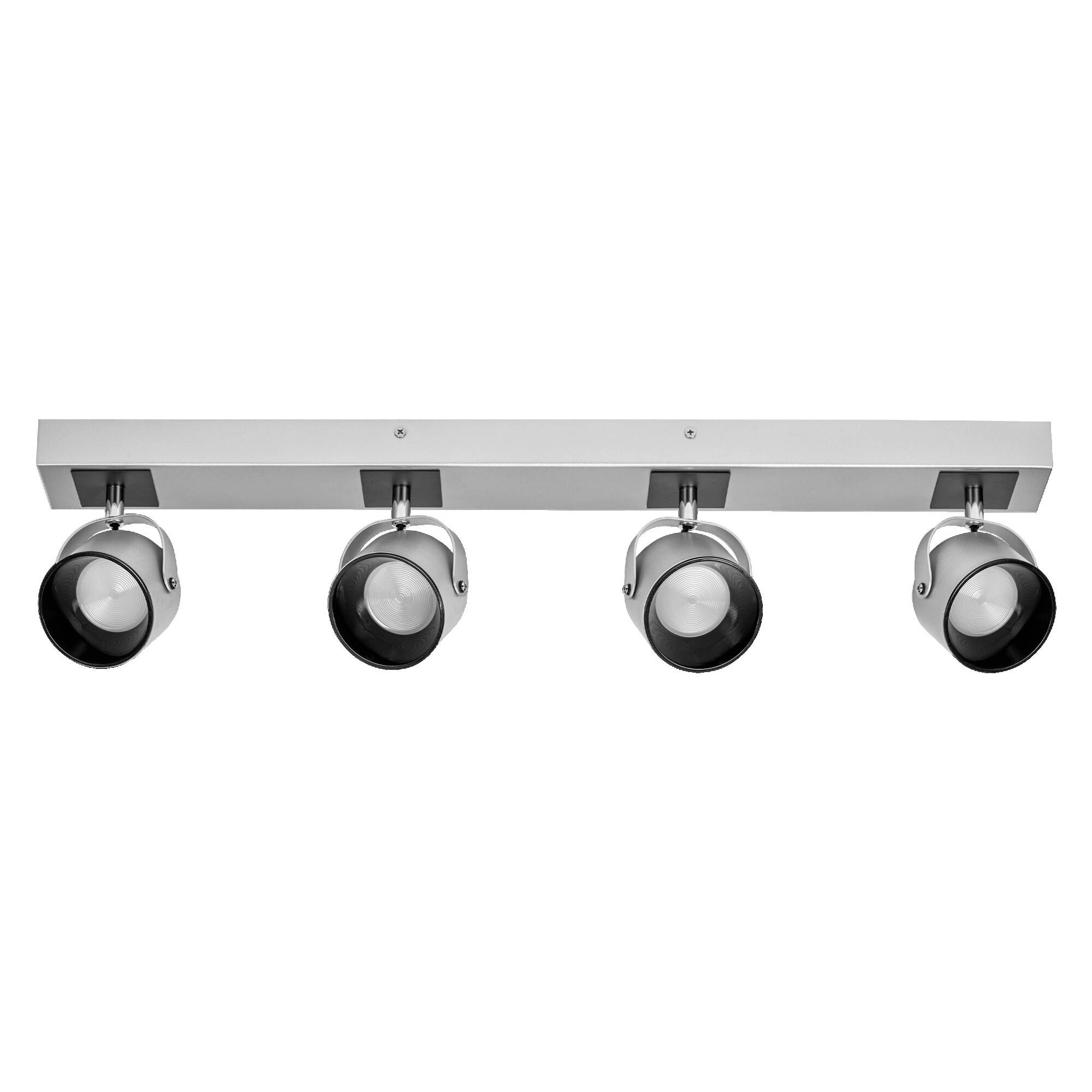 Silver track lighting fixture with four adjustable spotlight heads on a bar.