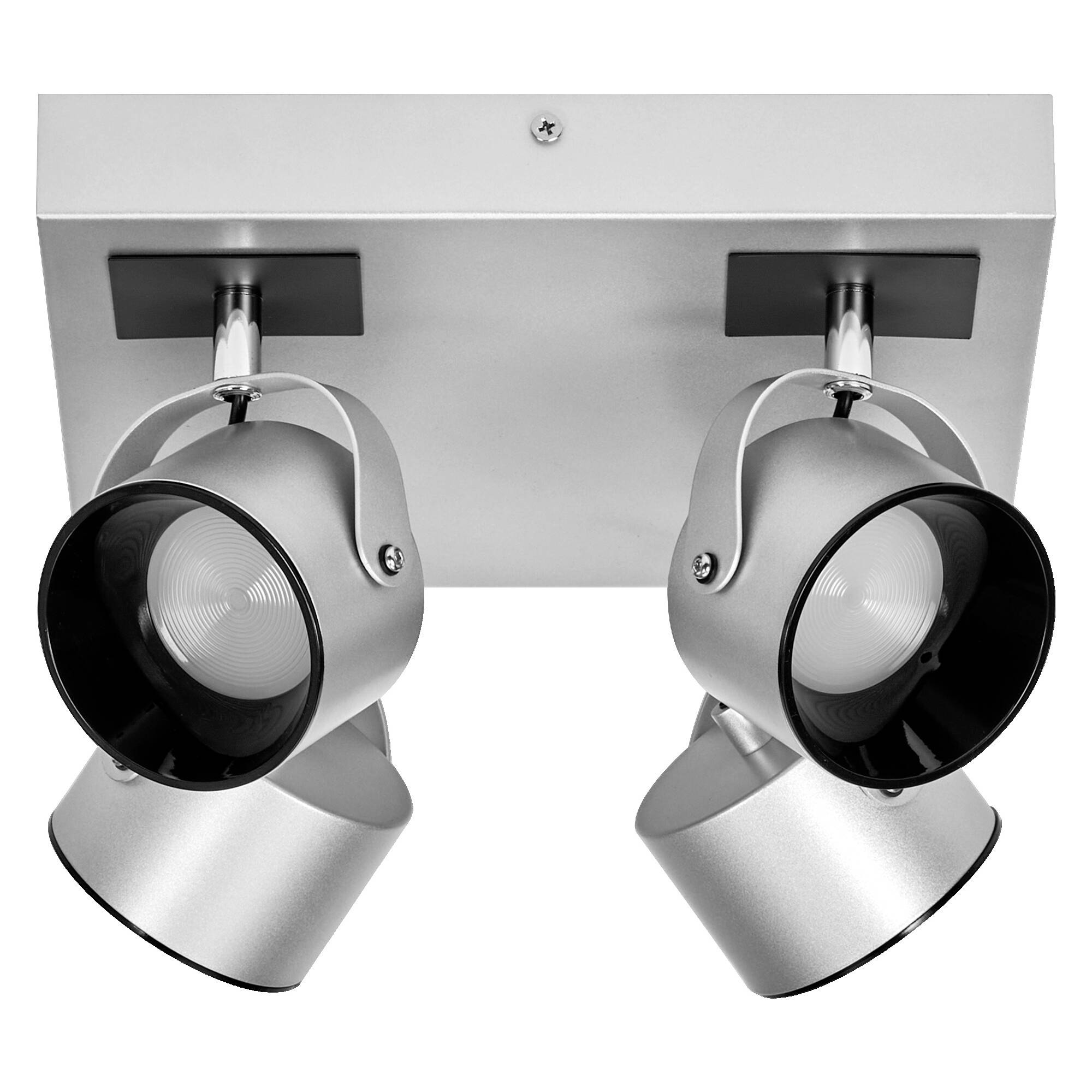 Deux projecteurs orientables en argent montés sur une plaque de plafond rectangulaire, inclinés vers le bas.