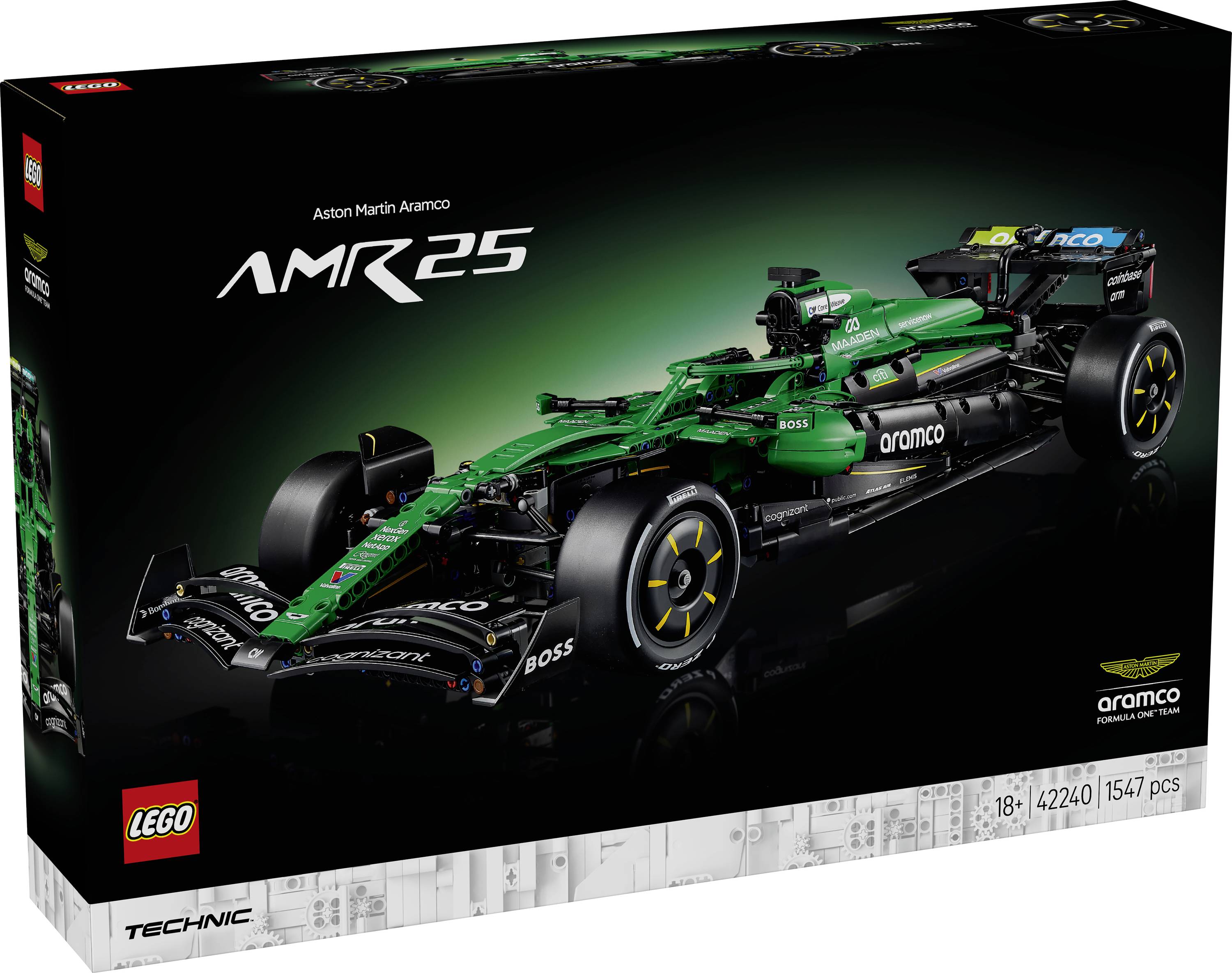Boîte LEGO Technic Aston Martin Aramco AMR25 Formule 1, art de boîte montrant une voiture de course verte et noire sur fond noir, 18+ et 1547 pièces.