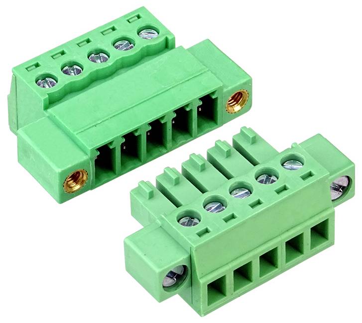Two green screw terminal connector blocks with multiple wire ports and metal screw clamps, shown on a white background.