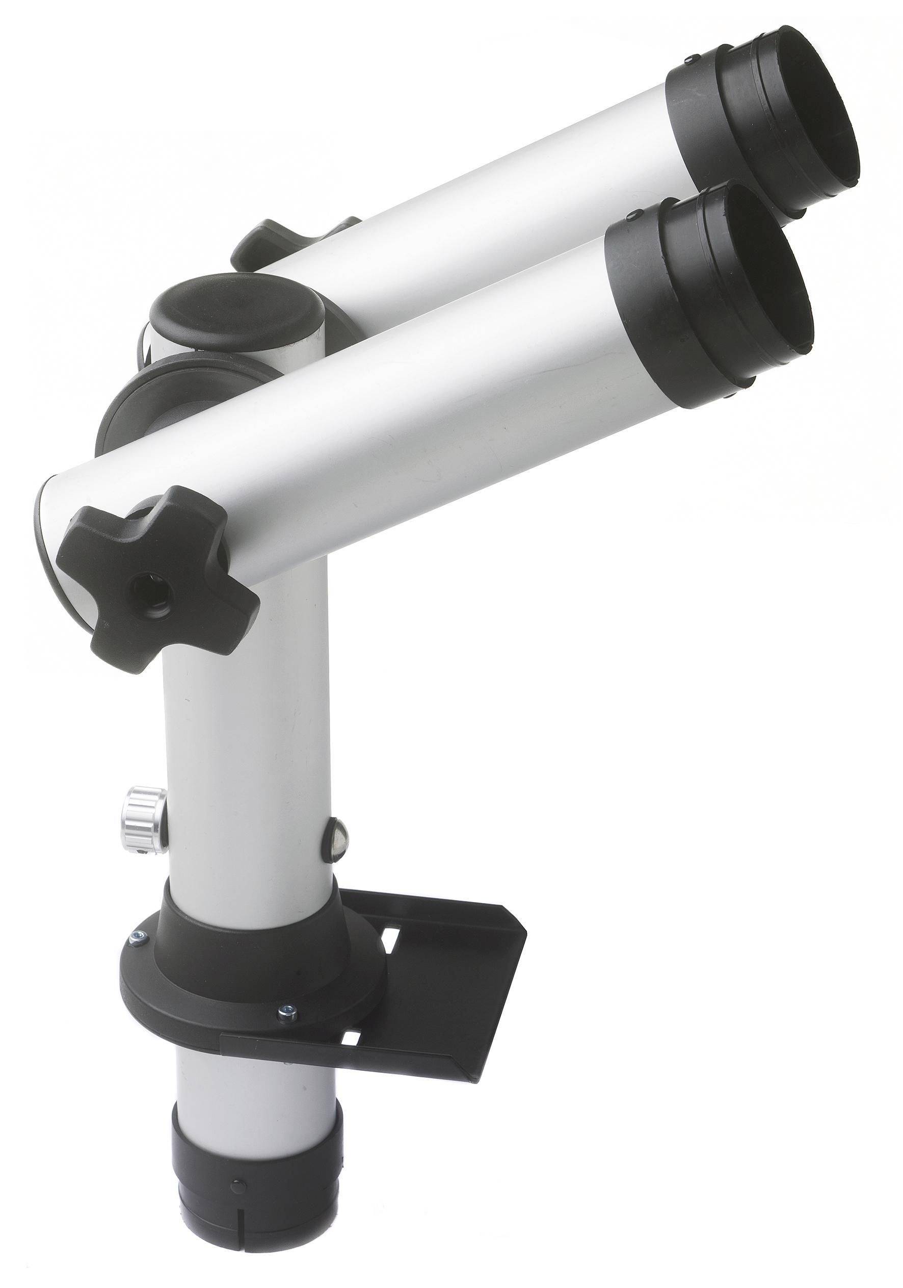 Close-up of a silver and black binocular-style telescope or viewer mounted on a stand against a plain white background.