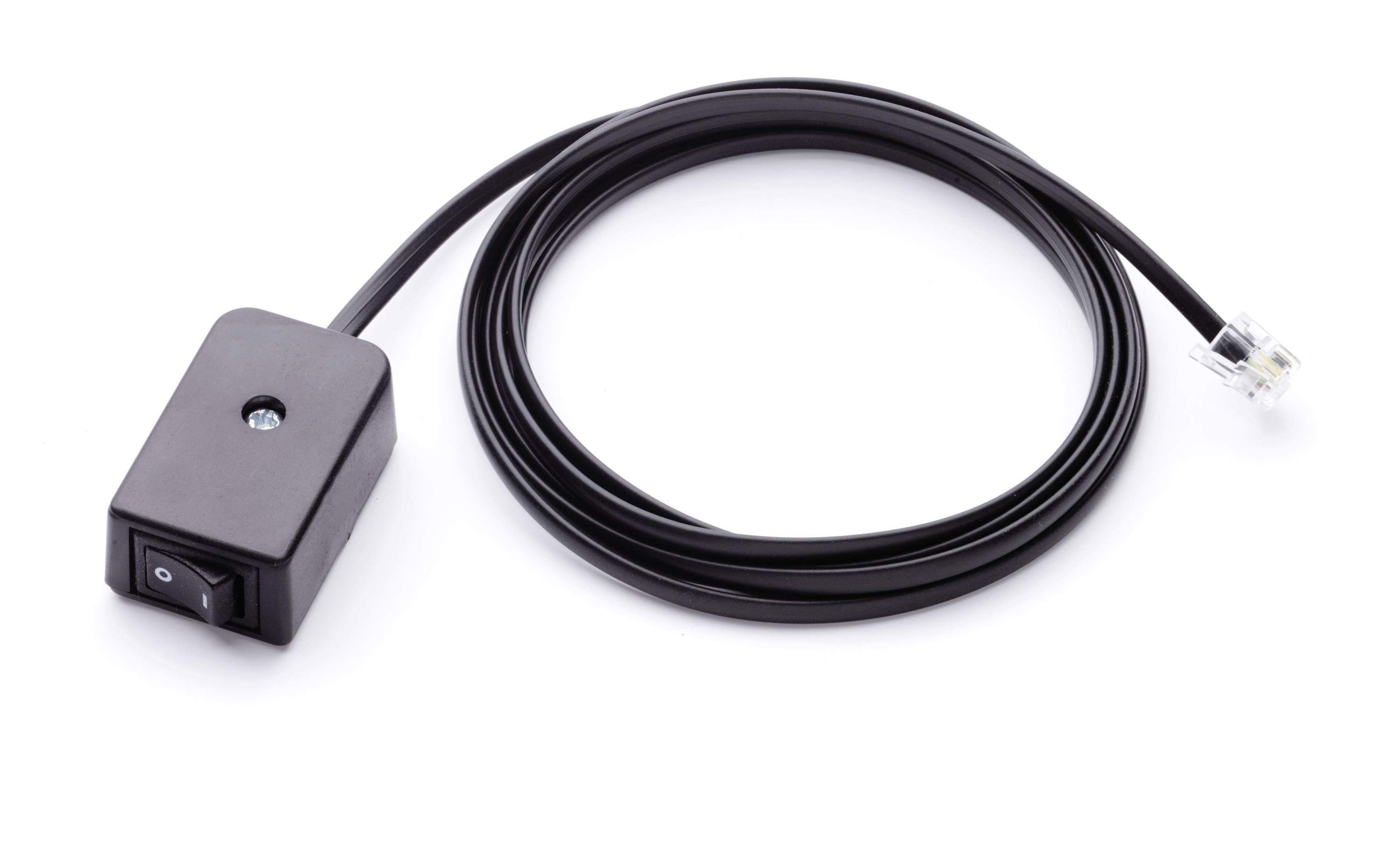 Black inline cable switch with a rectangular push button and RJ-style connector, shown coiled on a white background.