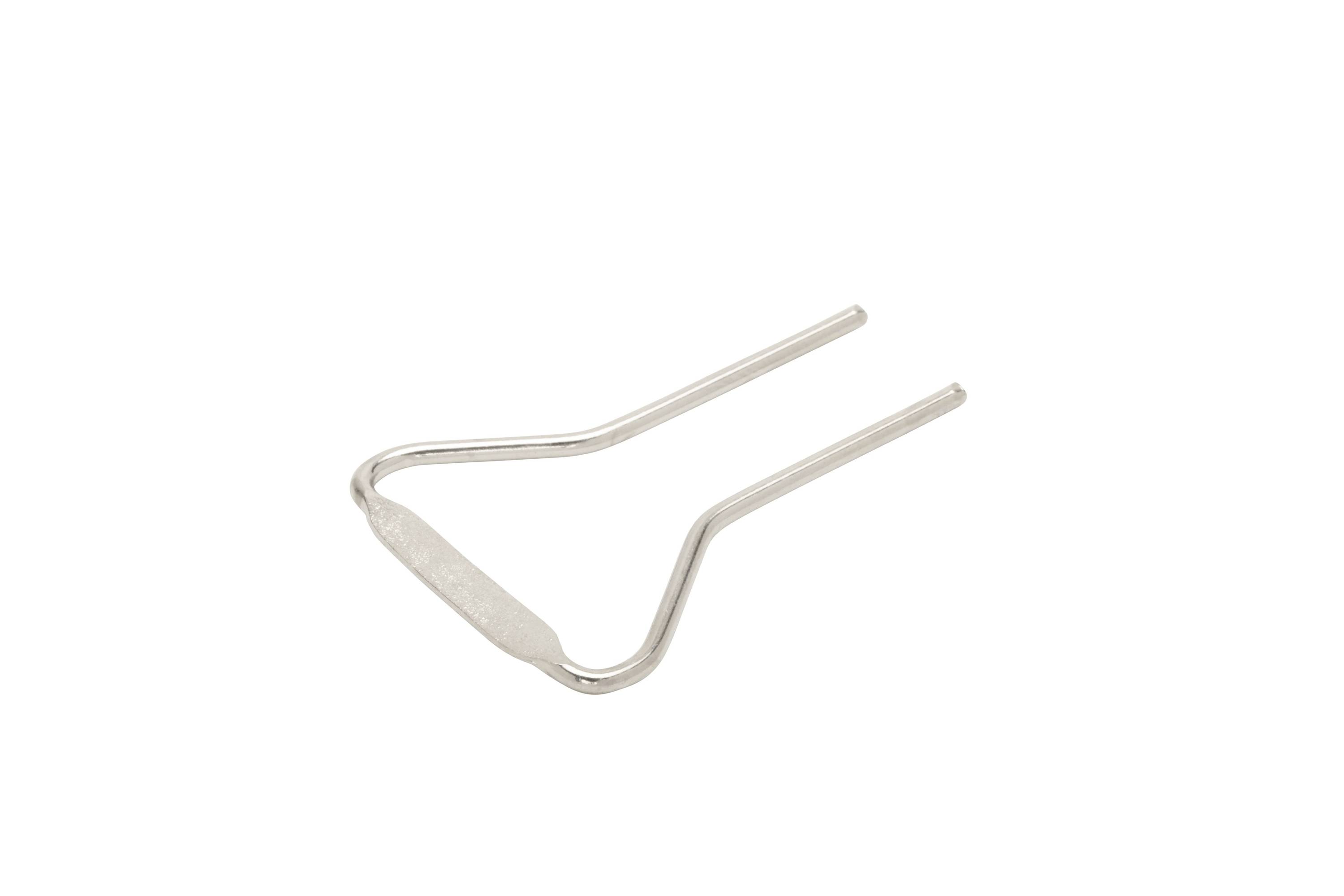 Metal tongue cleaner tool with two prongs and a bent handle on a white background.