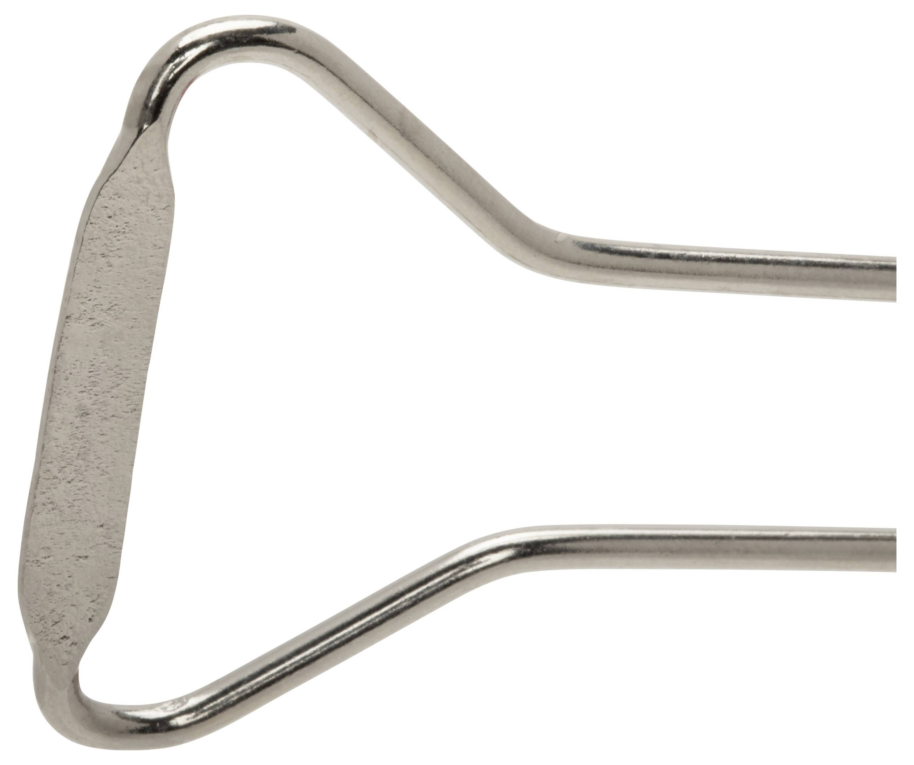 Close-up of a metal orthodontic wire retainer with a flat clasp-like loop on a white background.