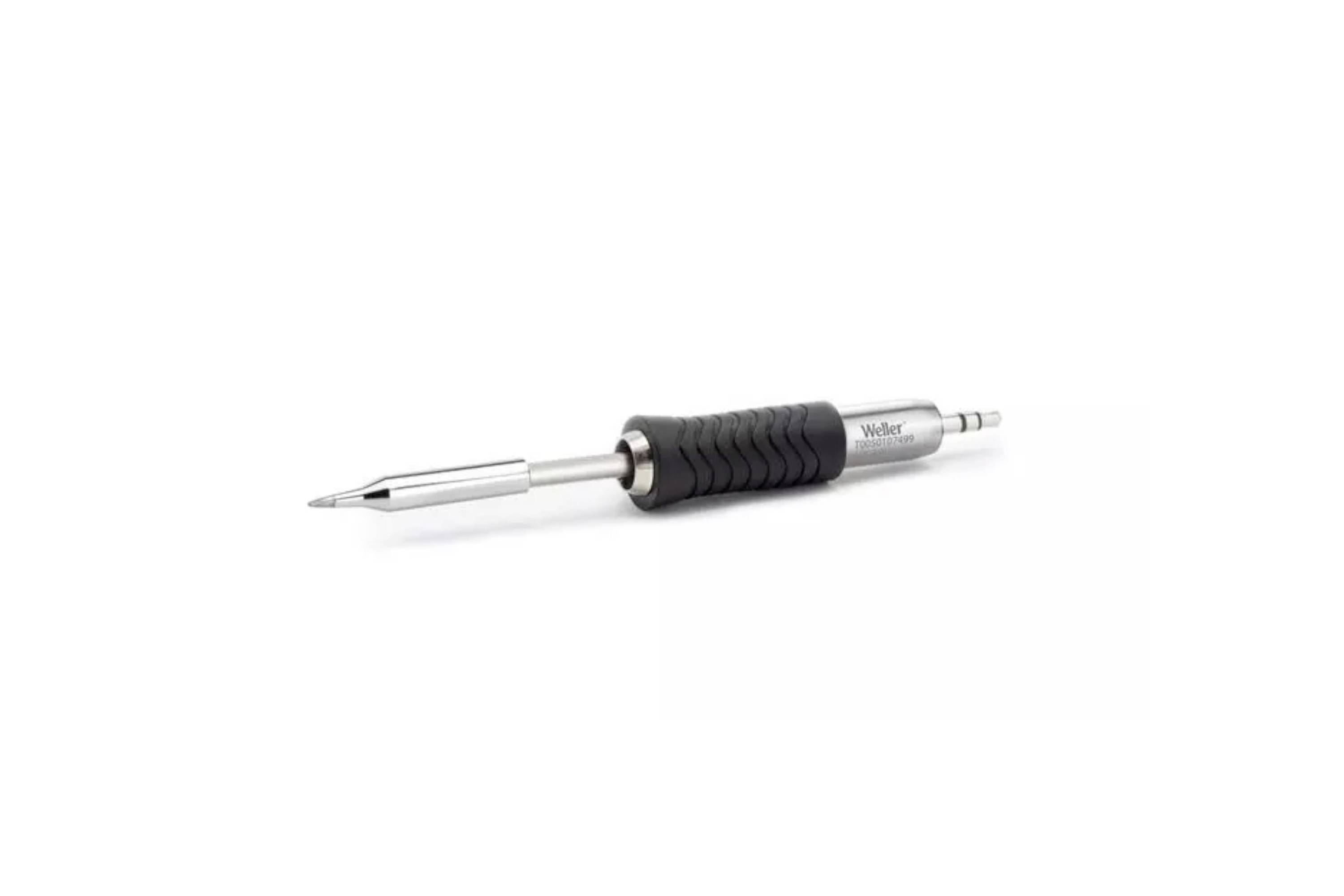A soldering iron with a black grip and silver metal tip shown on a white background.