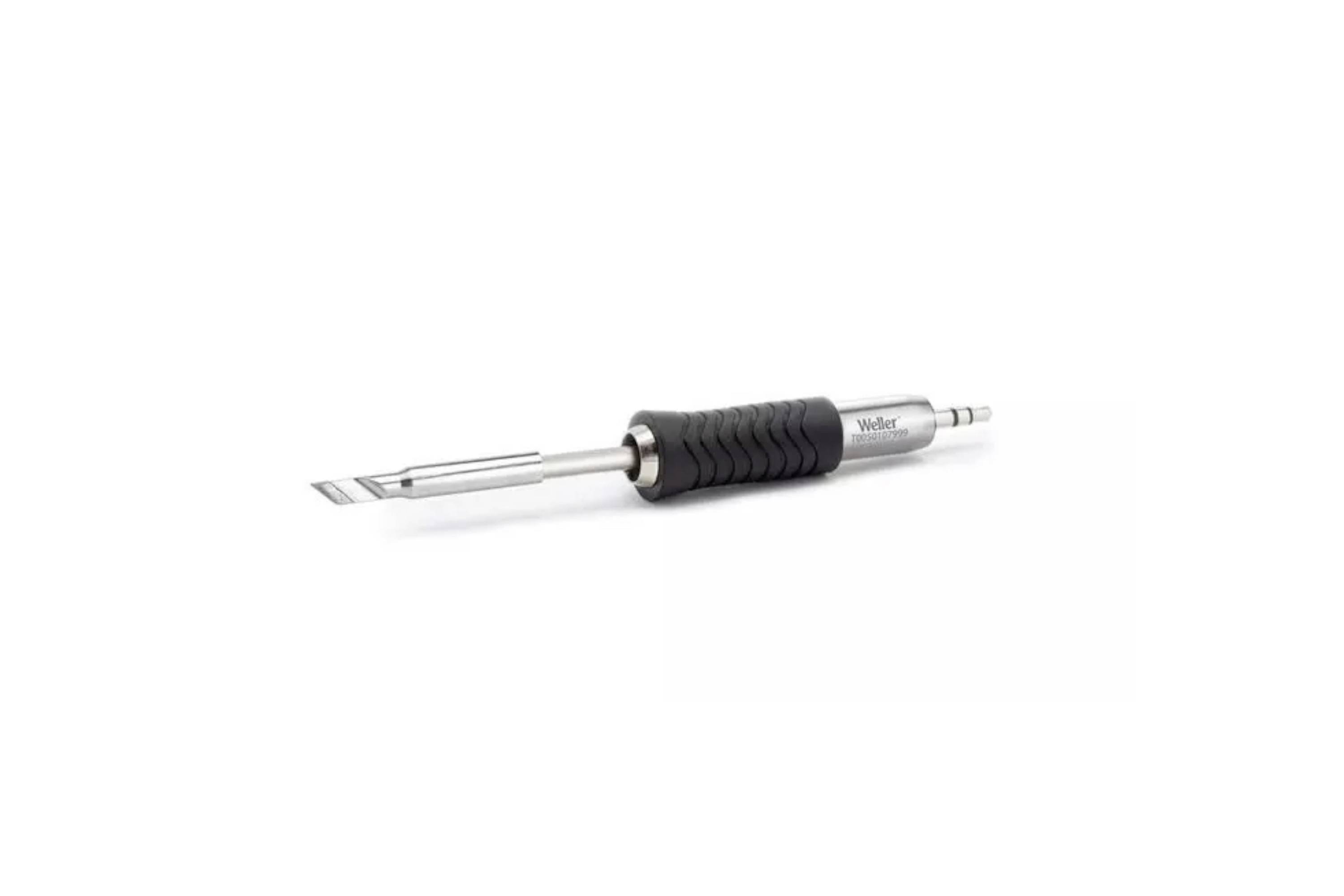 A soldering iron with a black rubber grip and metal tip, shown on a white background.