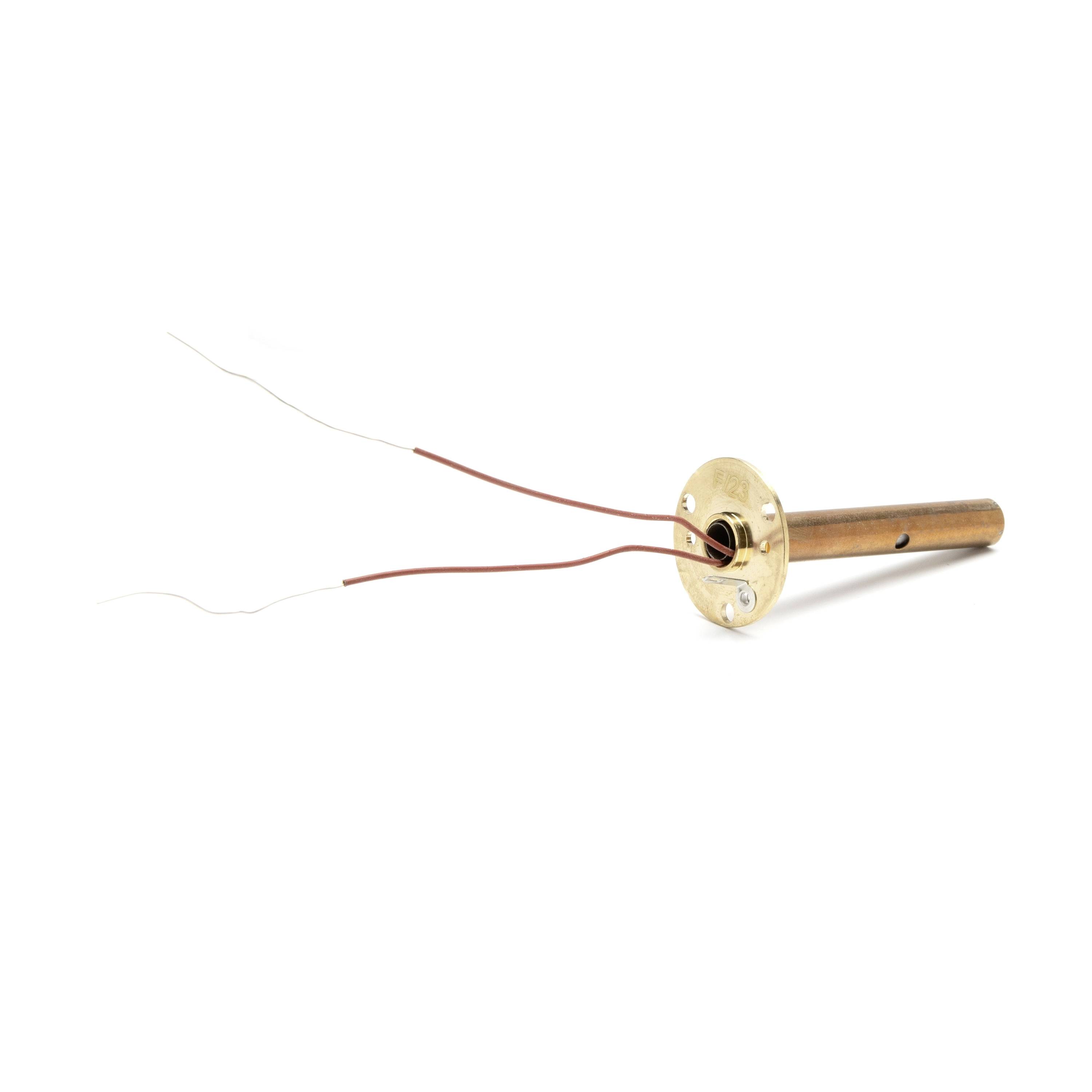 Copper wire threaded through a brass fitting attached to a wooden rod, with two loose wire ends extending left on a white background.