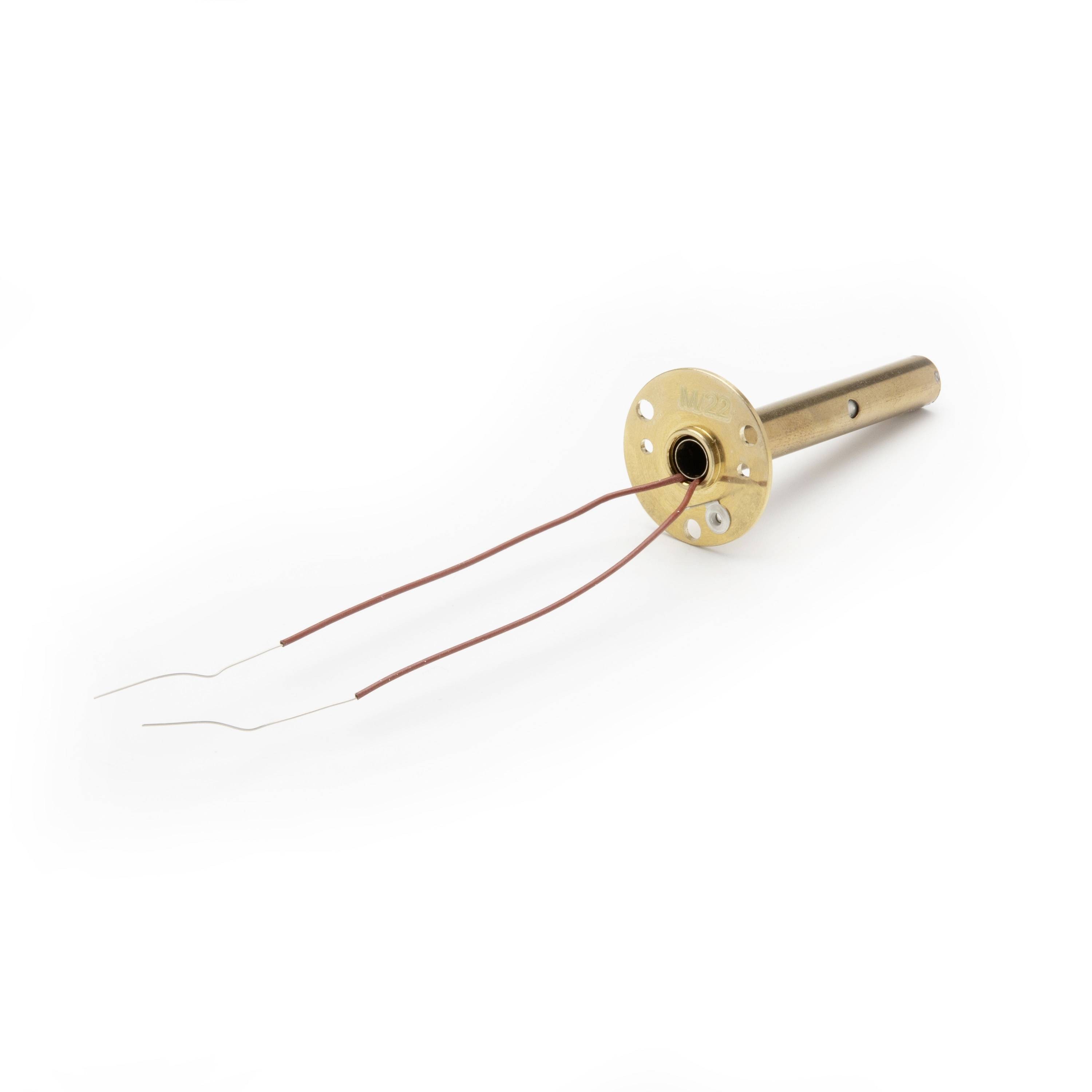 Small brass cylindrical connector or sensor with two thin wires extending from a circular flange on a white background.