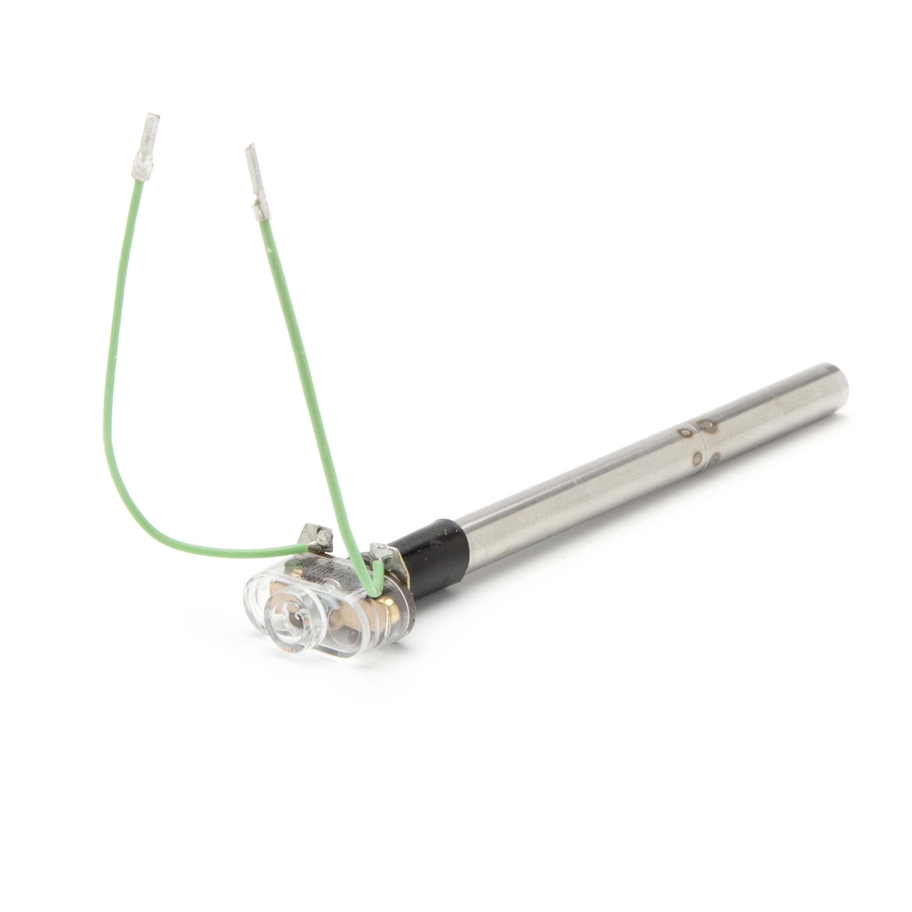 Small metal probe with two green wires attached, shown isolated on a white background.