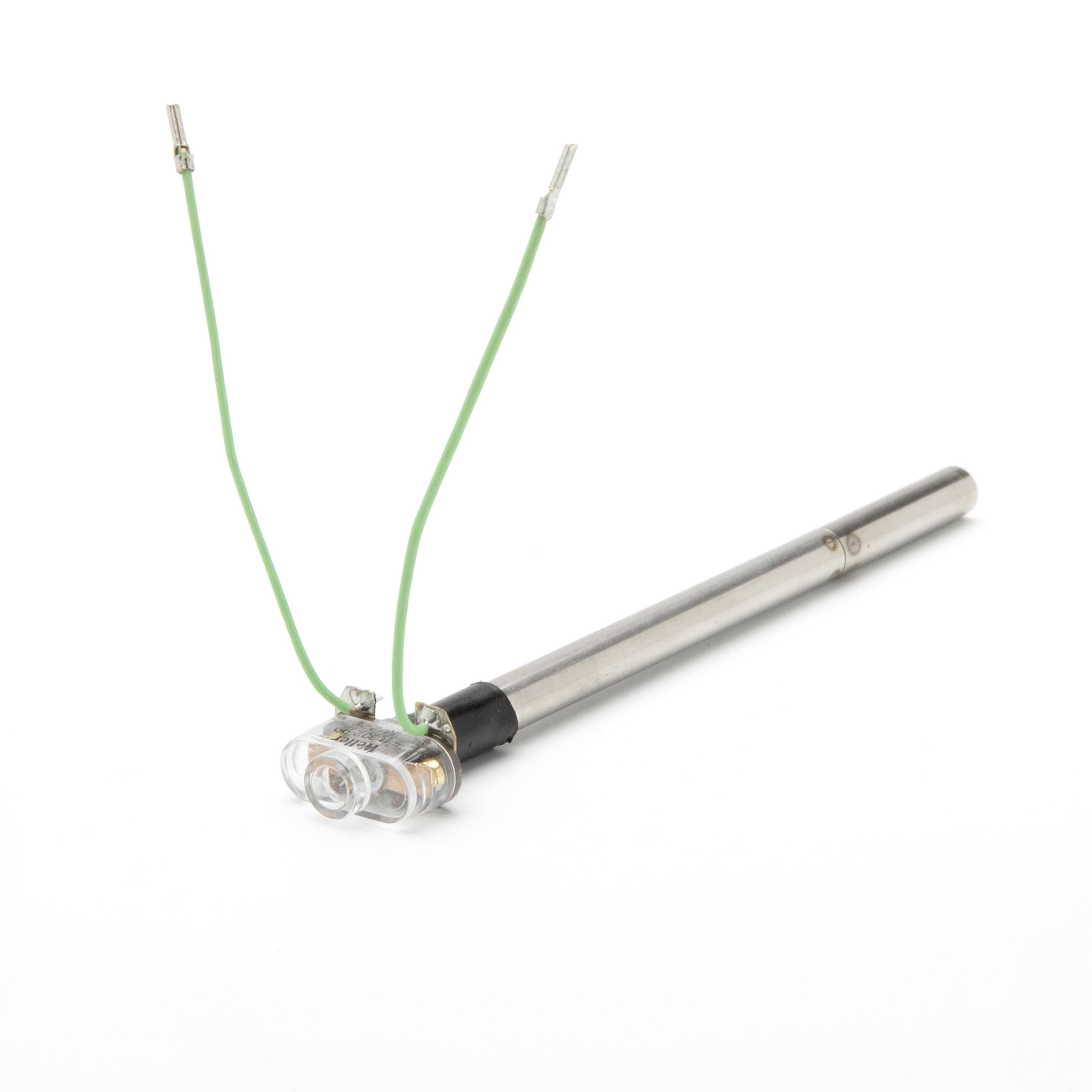Stainless steel probe with two green wires and a clear connector, shown on a white background.