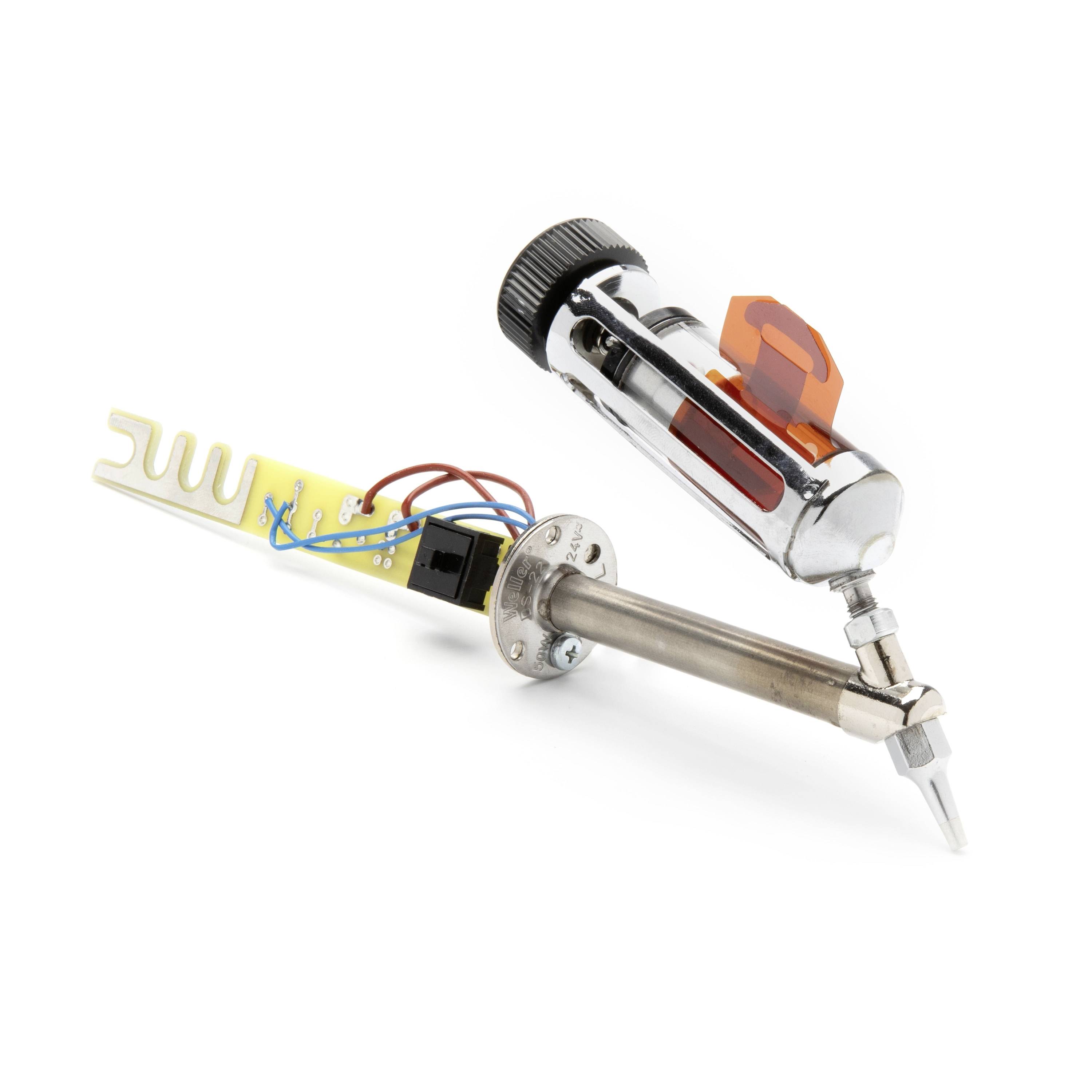 Close-up of a soldering iron tip and handle, showing the heated metal shaft and power wiring on a white background.