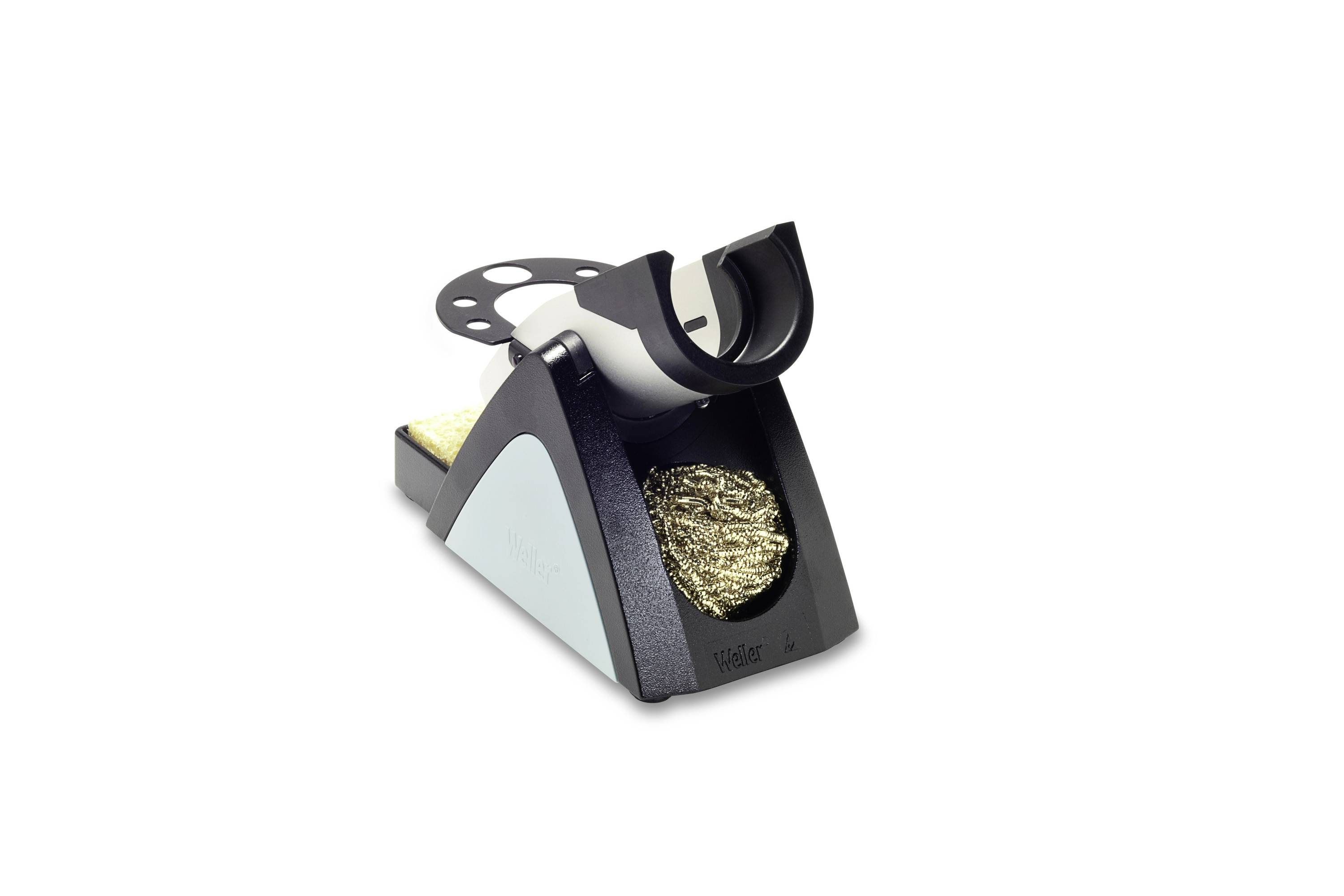 Desoldering tool holder with a brass sponge tip cleaner and metal spool cradle on a white background.