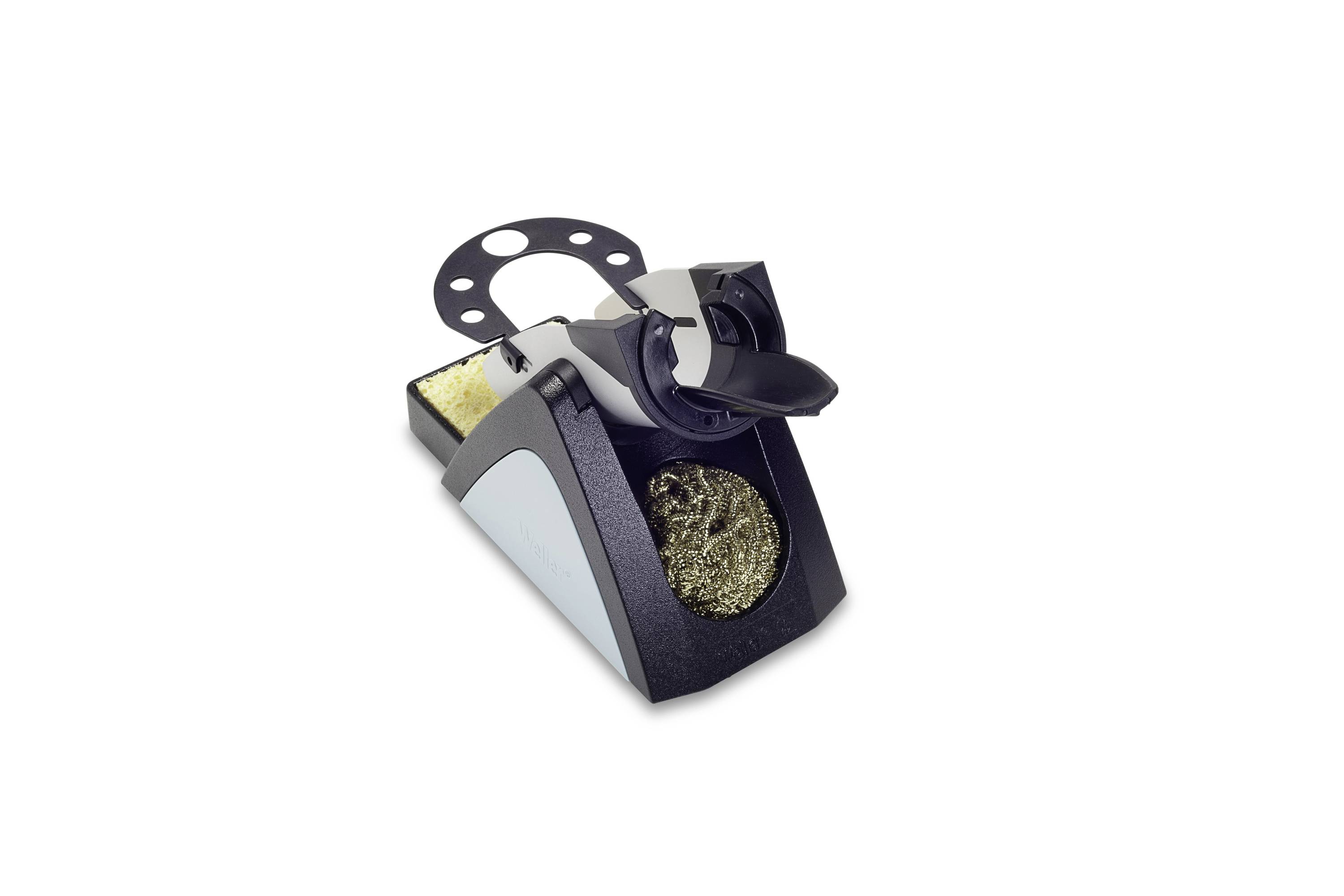 A soldering iron stand with a coiled brass tip cleaner and a sponge, shown on a white background.