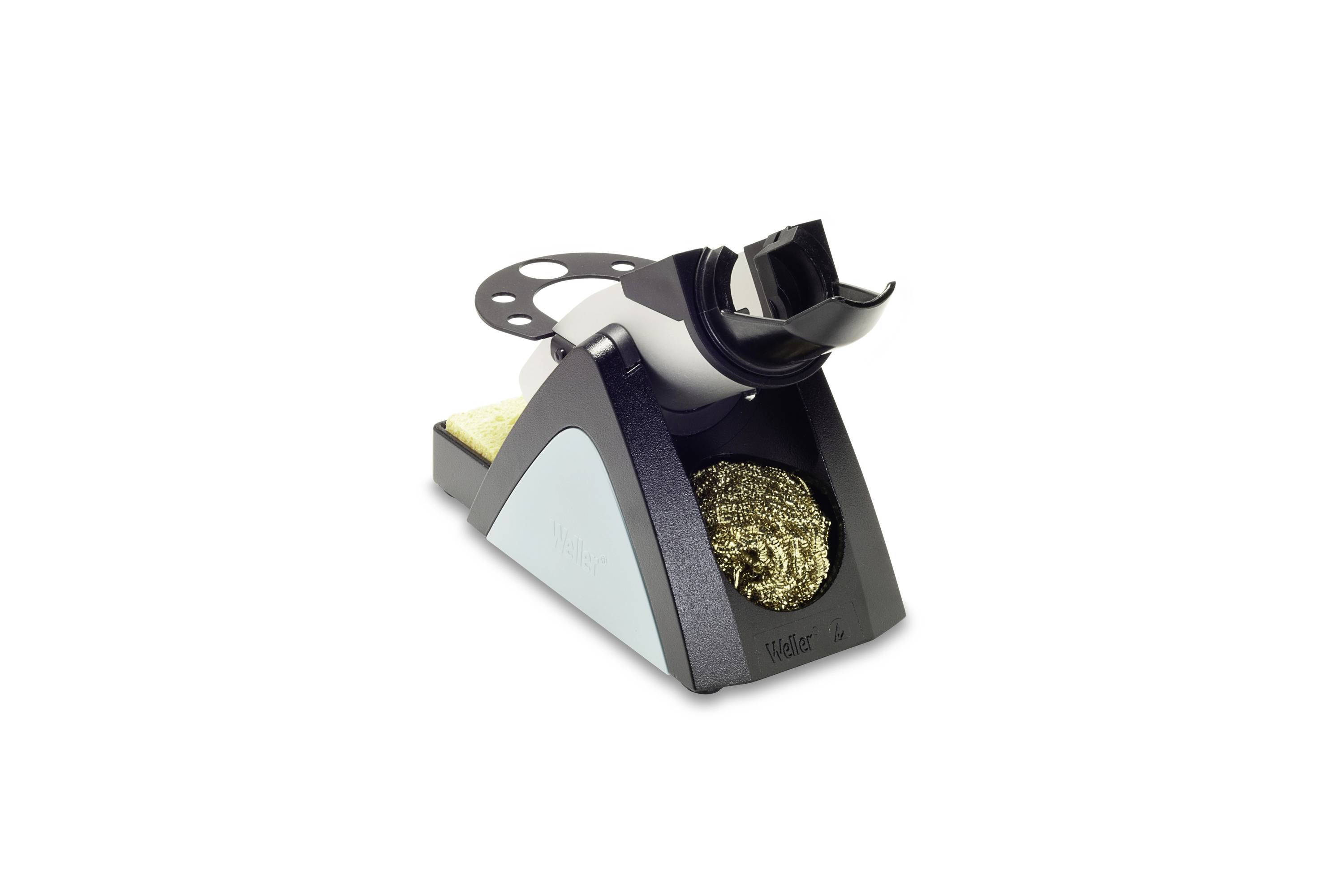 Soldering iron stand with a metal sponge holder and tip rest on a white background.